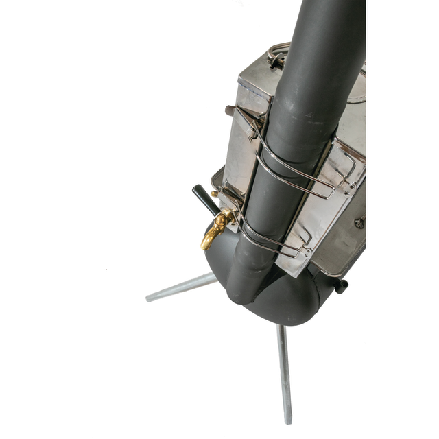 A top-down view of a metal wood stove with a black chimney pipe, brass spigot, silver side handles, and three tripod legs on a white background—perfect for pairing with an outdoor kettle like the Ozpig Traveller Kettle by Ozpig.