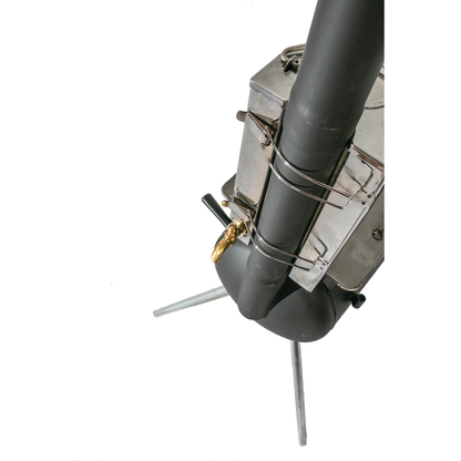 A top-down view of a metal wood stove with a black chimney pipe, brass spigot, silver side handles, and three tripod legs on a white background—perfect for pairing with an outdoor kettle like the Ozpig Traveller Kettle by Ozpig.