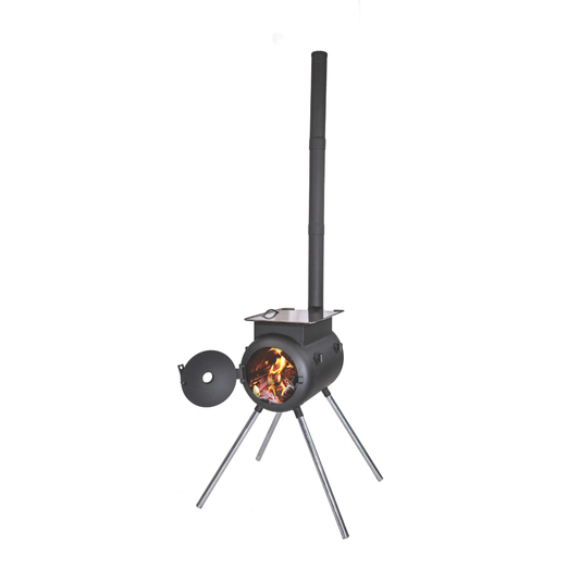 The Ozpig Traveller by Ozpig is a black metal adventure stove featuring a cylindrical body, tall chimney pipe, three angled legs, and an open door revealing a fire inside—ideal for travel cooking on your next outdoor getaway.