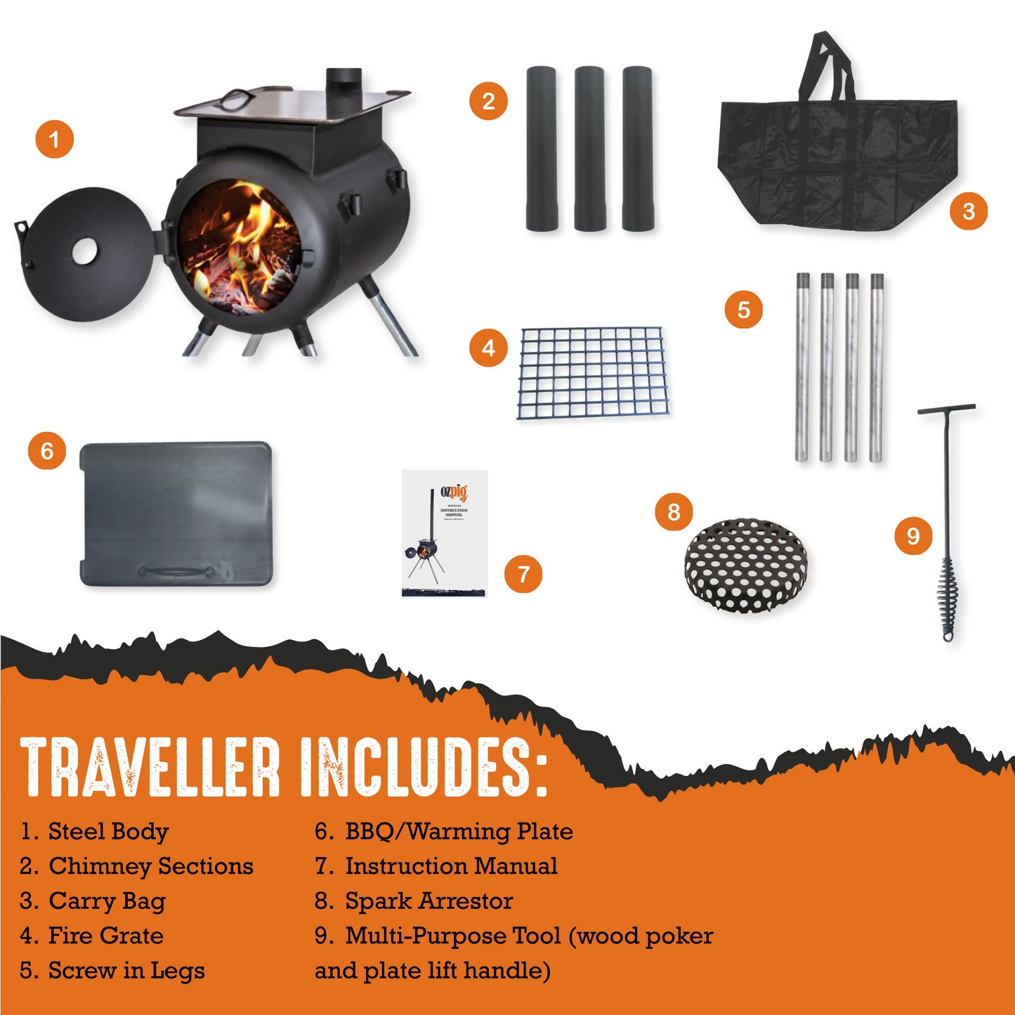 The Ozpig Traveller by Ozpig is an adventure stove kit featuring clearly labeled parts, including a durable steel body, chimney sections, carry bag, fire grate, screw-in legs, BBQ plate, instruction manual, spark arrestor, and a versatile multi-purpose tool—all displayed around an itemized list. Designed for seamless cooking on the go wherever your travels lead.