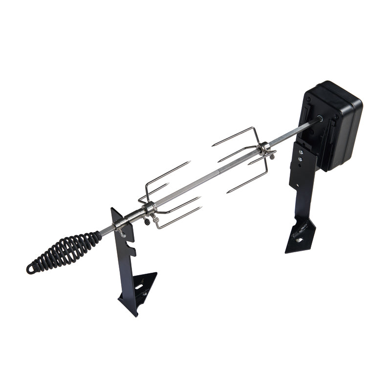 Enjoy effortless grilling and roasting with the Ozpig Traveller Rotisserie Kit by Ozpig. This portable kit includes a robust spit rod with two meat forks, a coiled handle for easy use, and a black electric motor, all securely mounted on durable metal brackets. Ideal for preparing charcoal chicken and more wherever your adventures lead.