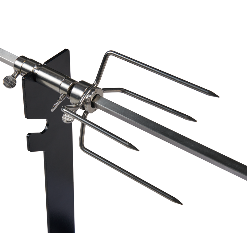 Close-up of a metal rotisserie spit fork featuring four sharp prongs, attached to a square rod and mounted on a black stand—specifically designed for grilling or roasting meat with the Ozpig Traveller Rotisserie Kit by Ozpig, making it perfect for preparing charcoal chicken during your next portable rotisserie adventure.
