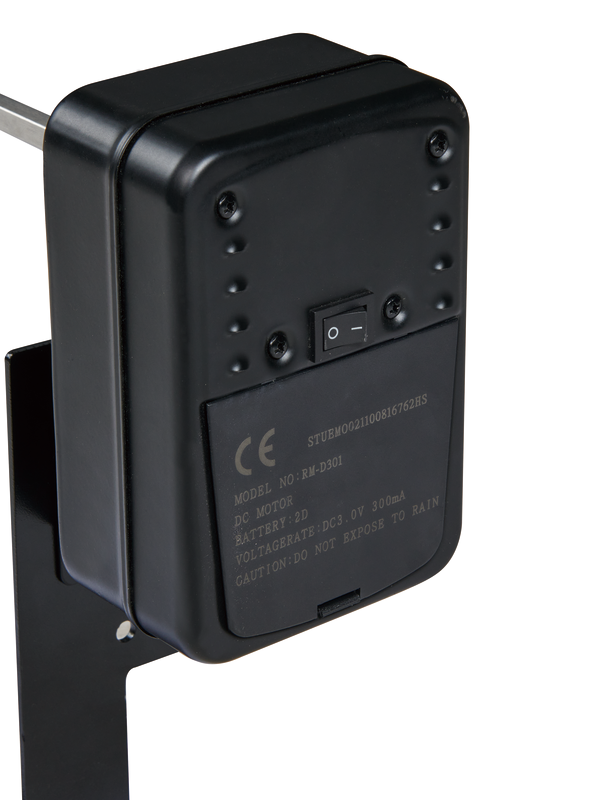 Close-up of a black Ozpig electronic device with a power switch, featuring model, voltage, and caution information on the back panel. The unit is mounted on a metal bracket, making the Ozpig Traveller Rotisserie Kit an essential addition to your portable cooking setup for consistently perfect charcoal chicken.